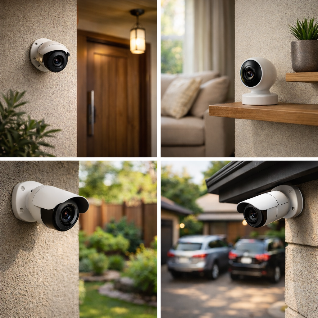 Modern minimalist home security camera mounted on a white wall